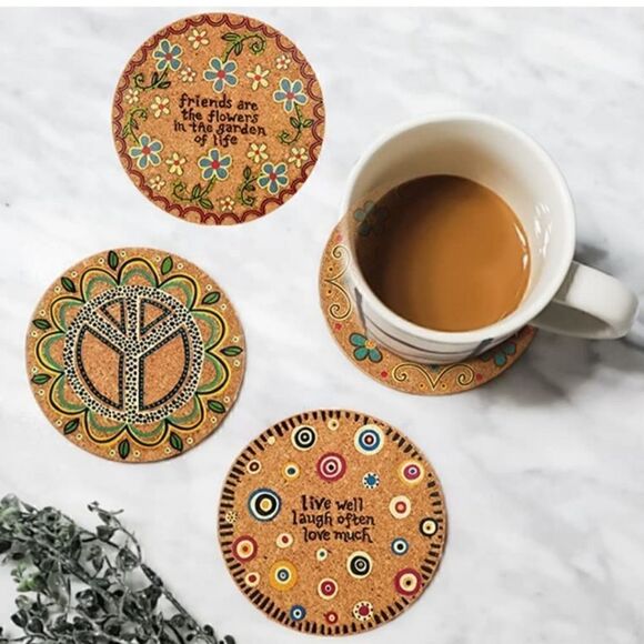 Boho Hippie Set of Four Cork Coasters. NIP - Picture 1 of 5